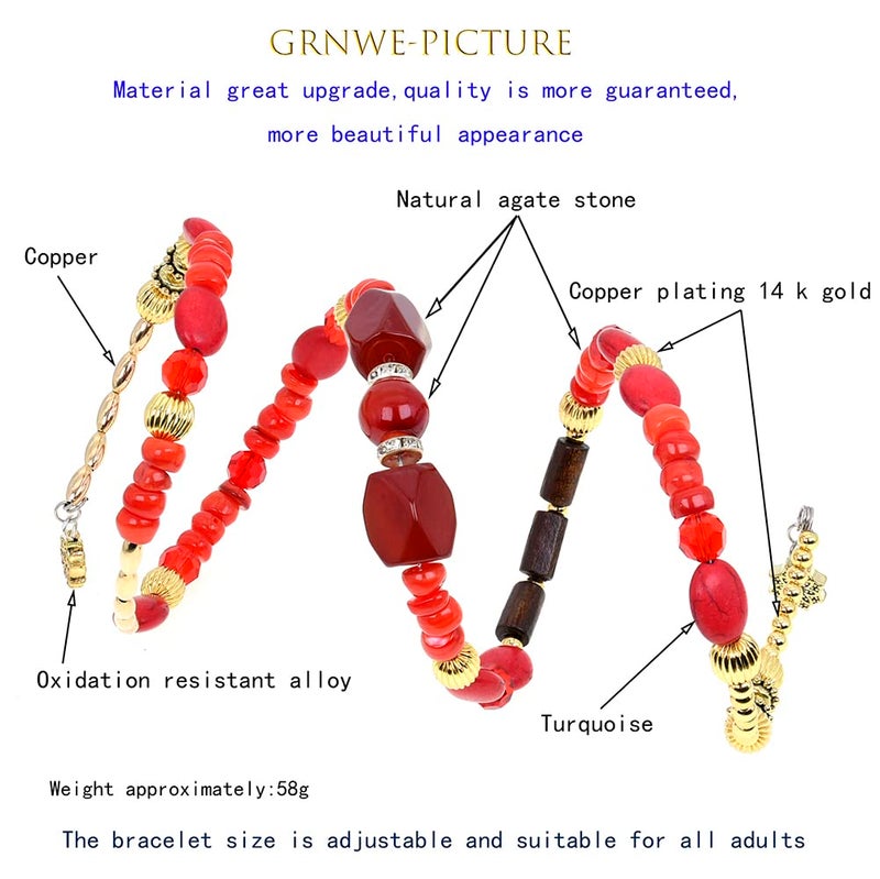 QIAN0813 Adjustable Copper Bracelet with Multilayer Design, Stylish Boho Jewelry for Women, Perfect Chunky and Beaded Bangle Bracelets for Women (Red) - Image 3